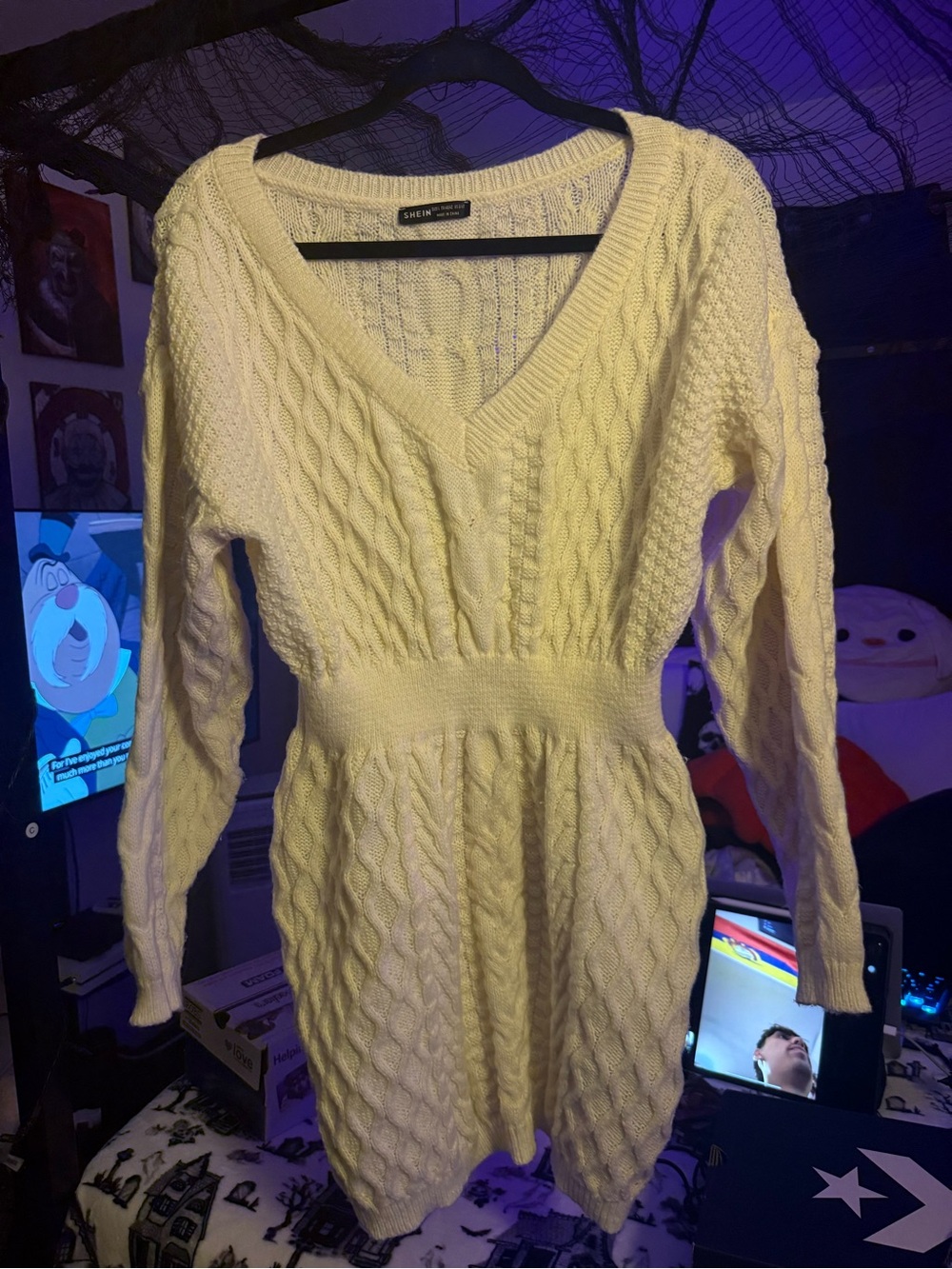 SHEIN Cream Cable-Knit V-Neck Sweater Dress